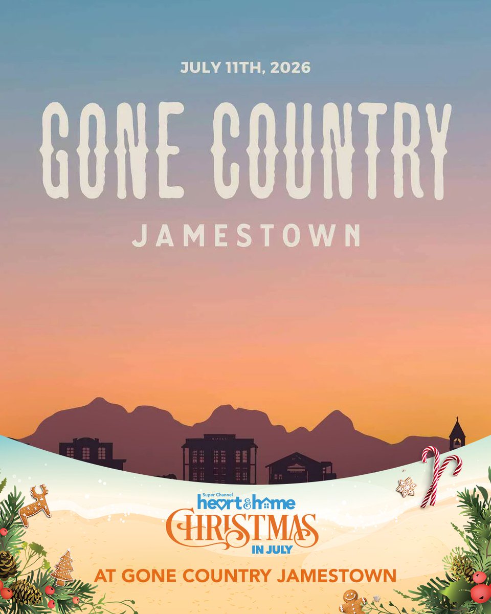 SuperChannel's tweet photo. 🎄🤠 Christmas in July meets country nights.

We're bringing a little holiday magic to Gone Country Jamestown on Saturday, July 11! Catch Christmas in July and When Calls the Heart on the big screen, snap a pic at our photo setup, and enjoy an evening of live music, food, drinks, and western-town adventures.

As a special bonus for Hearties, Jamestown is also home to the iconic town set where When Calls the Heart is filmed. ❤️

While you're exploring the town, enjoy complimentary sparkling water from Super Channel to help keep you refreshed throughout the festivities. 💧✨

Best of all? Every ticket supports local families in the fight against cancer.
🎟️ Get yours today!

#ChristmasInJuly #WhenCallsTheHeart #Hearties #GoneCountryJamestown #SuperChannelHeartHome