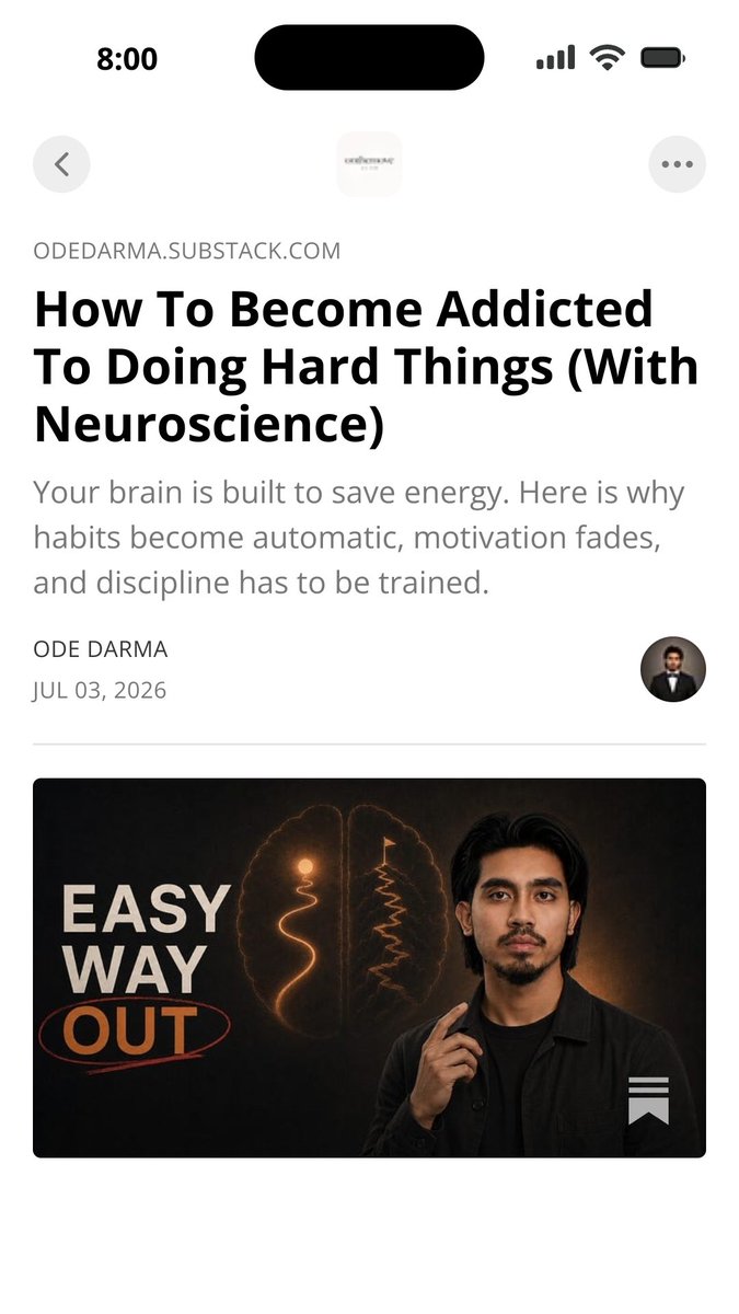 itsodedarma's tweet photo. The worst part is knowing exactly what you need to do...

And still watching yourself choose the easy escape.

The phone.
The snack.
The scroll.
The “later.”

I wrote about How To Become Addicted To Doing Hard Things (With Neuroscience).

Link below.
https://t.co/9zlz1aK1cC https://t.co/CG3PCLNA2m