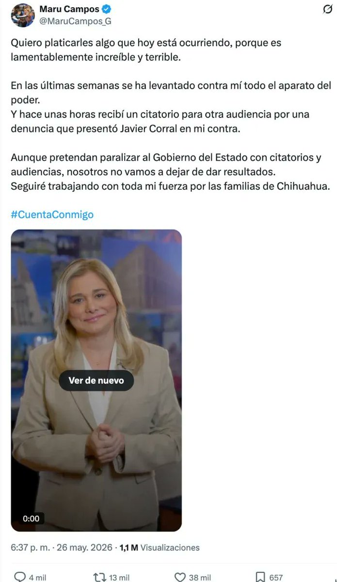 SinEmbargoMX's tweet photo. (7/8) El tuit del 26 de mayo

En una publicación el 26 de mayo María Eugenia Campos denunció que “en las últimas semanas se ha levantado contra mí todo el aparato del poder.

Foto: X https://t.co/HFqvYQDW5Y