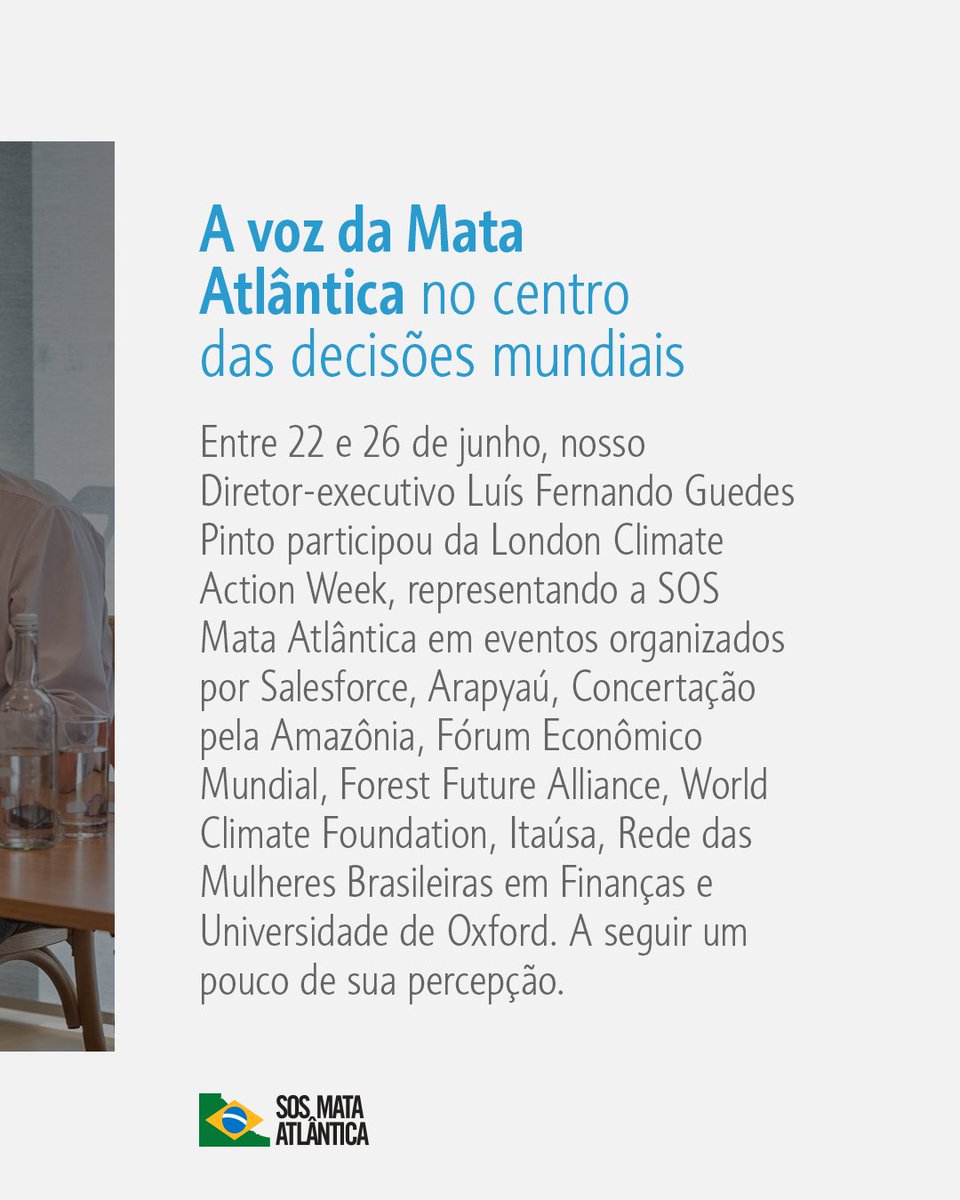 sosma's tweet photo. No último mês, nosso Diretor-executivo Luís Fernando Guedes Pinto esteve presente na London Climate Action Week e trouxe para casa consigo grandes ensinamentos e percepções. Passa para o lado para saber mais sobre os temas abordados. 👉 #SOSMataAtlântica #LondonClimateActionWeek https://t.co/5Gn6NUVtdC