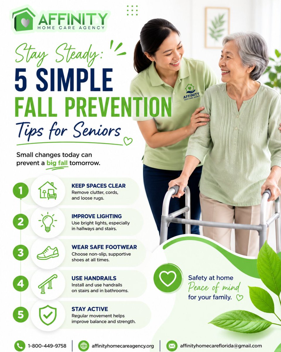 affinityhc24's tweet photo. A Safer Home Starts with Fall Prevention.  

Clear walkways, better lighting, and a little extra support can help prevent falls and keep seniors living safely and independently. 💚 

#affinityhomecare #homecare #SeniorSafety #FallPrevention #aginginplace #CareAtHome #HomeCare https://t.co/DGZpbPfI4L