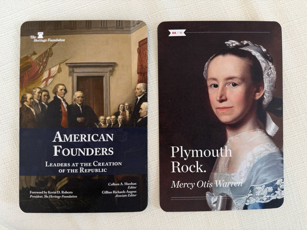 KaiserLoengramm's tweet photo. So @Heritage was handing out packs of educational flash cards of the “American Founders” at their America 250 Mt Vernon event last night. According to Heritage Foundation, Mercy Otis Warren was a founder. As someone who is endlessly loves to talk about the Founders and has studied them significantly, I was quite surprised at this I have never once before heard of her let alone as a founder.

So, you might ask, who was Mercy Otis Warren? Did she sign the Declaration of Independence? Did she serve in the Continental Congress? Did she attend the Constitutional Convention? What did she do that warrants her being held as a founder?

Well it turns out, what she did was write a pamphlet and some poetry during the constitutional debates. And it was a bit popular at the time, to her credit. But in terms of popular writers of pamphlets and poetry, there were quite literally thousands of these at the time, most of whom have been totally forgotten. 

But apparently, Mercy Otis Warren warrants being in the top 16 founders. I, personally, would have a very hard time myself narrowing the founding fathers down to a top 16. And that brings up another point.

It’s the Founding FATHERS. You literally changed it to “American Founders” cutting out the paternalism inherent to this, literally rendering what has been well understood as an honorific for the great men our nation into something gender neutral, giving out not only a participation trophy for being a woman but also taking away a slot from a man who deserved it specifically just so you could add a token woman and pretend writing a pamphlet made her the equal in Americas founding to men like Jefferson, Hamilton, Washington, Hancock, Henry, Lee, Franklin, both the Adams, Jay, Madison, Chase, Mason, Livingston, Sherman, and Randolph.

There you go, there’s your 16. And there’s plenty of people who know nothing about many of these men I listed or even know who they are. And you instead decided against several of them to include a woman who wrote a pamphlet specifically because she was a woman whose husband James Warren is far more deserving of the title of “founder.”

You know what we call that when someone decides deliberately to include a woman who does not deserve it only because she is a woman and takes a spot away from a man who does? We call that Diversity, Equity, and Inclusion.

Can you please remove DEI from all future programs you put out, Heritage?