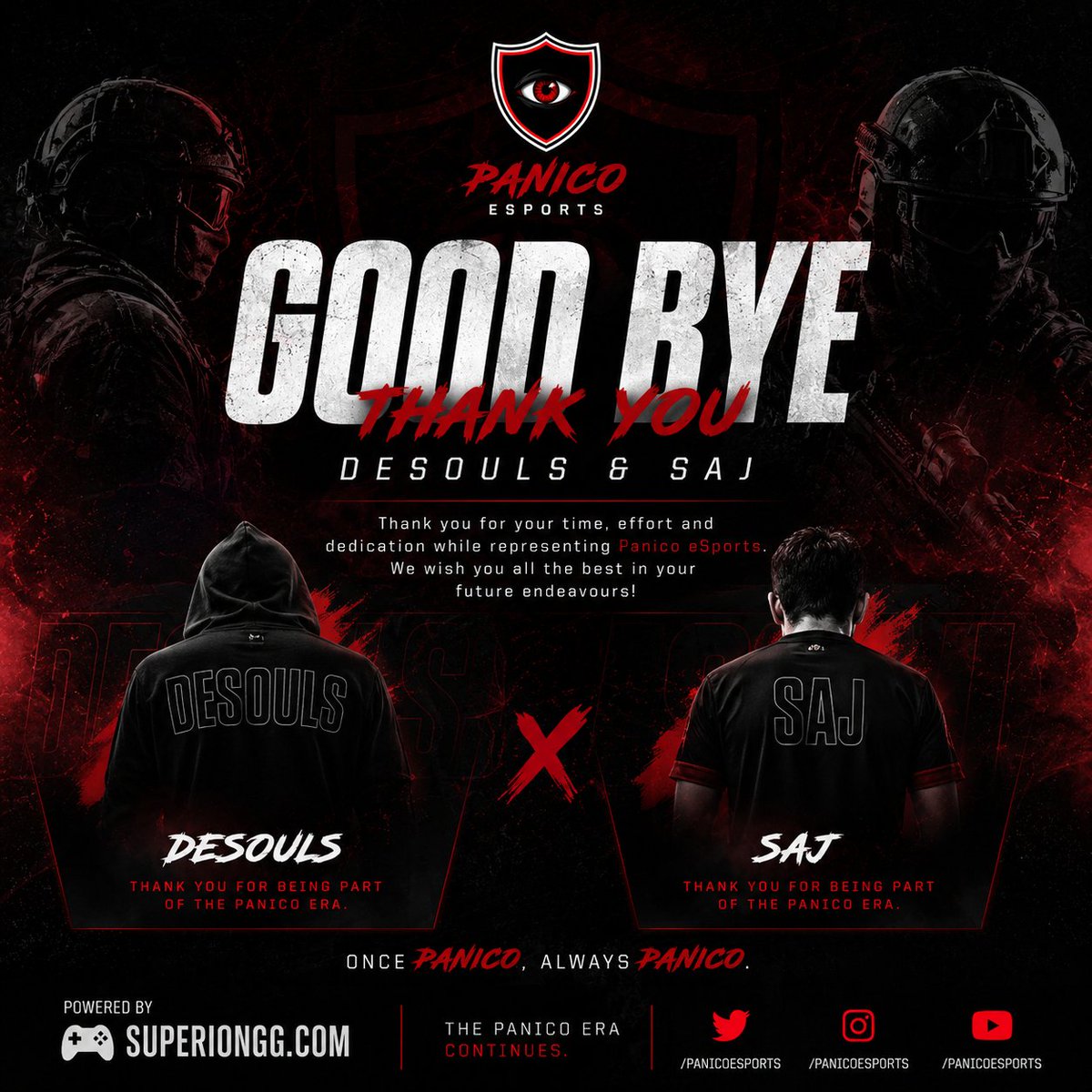 Panico_eSports's tweet photo. Thank you, Desouls &amp; Saj 

We appreciate everything you've done for Panico eSports and wish you both the very best for the future.

Once Panico, always Panico.

#PanicoEsports #CS2 #ESEA #Esports https://t.co/ipurs2aHc6