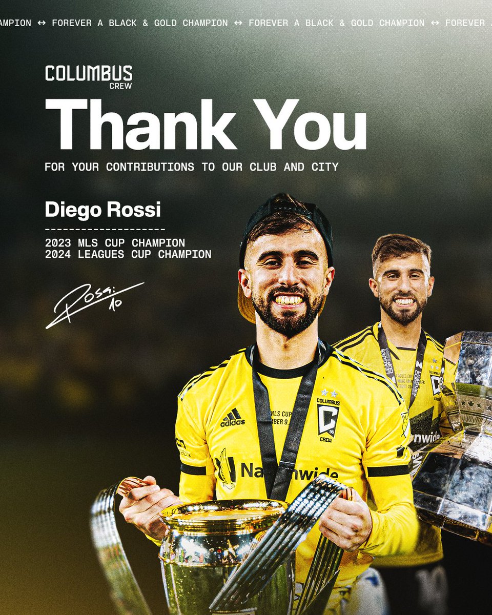 ColumbusCrew's tweet photo. Forever a Black &amp; Gold Champion ✨

The Crew have reached an agreement to transfer forward Diego Rossi to Liga MX side CF Monterrey for an undisclosed fee. Thank you for everything, Diego 🖤💛

📰: https://t.co/IsdDCaWtkQ https://t.co/GUH42P3yJR