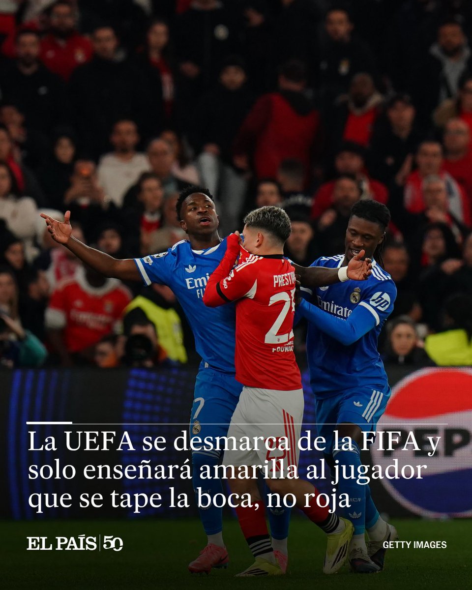 elpais_america's tweet photo. El gesto que ya ha costado dos expulsiones en el Mundial de 2026 no tendrá la misma consecuencia en las competiciones europeas. La UEFA confirmó a sus federaciones que no adoptará la tarjeta roja automática para los jugadores que se cubran la boca durante un enfrentamiento con un rival https://t.co/b6yFvWjsnC