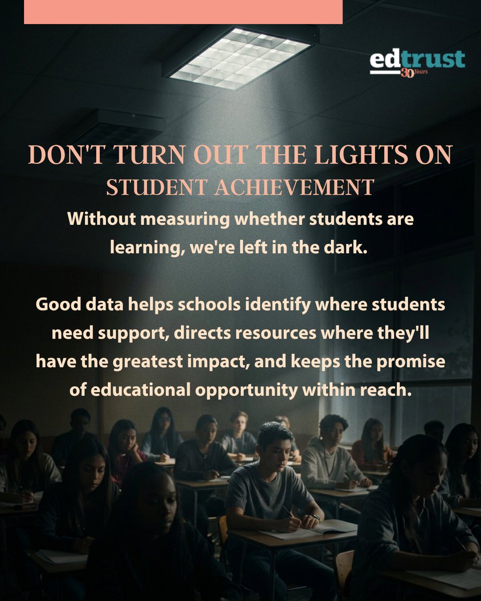 EdTrust's tweet photo. Don't turn out the lights on student achievement. Families deserve honest info about how schools serve their students; states can innovate without sacrificing transparency. 

Learn more: https://t.co/FM3BfL9gtm 

#StudentAchievement #ESSA #Accountability https://t.co/UqnxUUqKeu