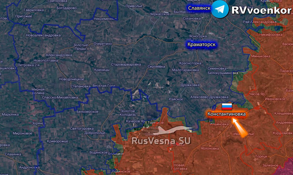Perimetr123's tweet photo. ‼️🇷🇺Армия России освободила Константиновку, - Кремль 

▪️Это следует из доклада президенту во время посещения одного из пунктов объединенной группировки войск в зоне СВО, сообщил Д. Песков. 
▪️Константиновка полностью освобождена благодаря героизму российских военных. Путин поблагодарил их за героизм и успешную работу.
▪️Освобождение города стало результатом решительных действий группировки войск "Юг".
▪️Константиновка — мощнейший укрепрайон, который Киев создавали около 10 лет. Город являлся важнейшим узлом, прикрывающим тыловые коммуникации группировки ВСУ и вход в Славянско-Краматорскую агломерацию.
▪️Взятие Константиновки открывает дорогу для продвижения наших войск к Дружковке и Краматорску.
▪️Город в северной части ДНР вытянулся по обоим берегам реки Кривой Торец - крупный индустриальный центр с развитой металлургией, стекольной и химической промышленностью.
▪️По переписи на начало 2022 г. население Константиновки составляло около 78 200 человек.