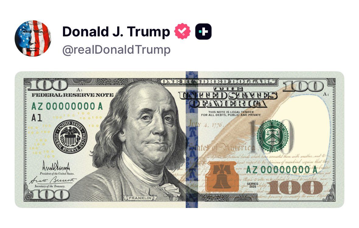 MarioNawfal's tweet photo. 🇺🇸Trump just posted a $100 bill on Truth Social with his own signature on it for the 250th anniversary. 

Writer: Daniyal https://t.co/t9ifKlpagB