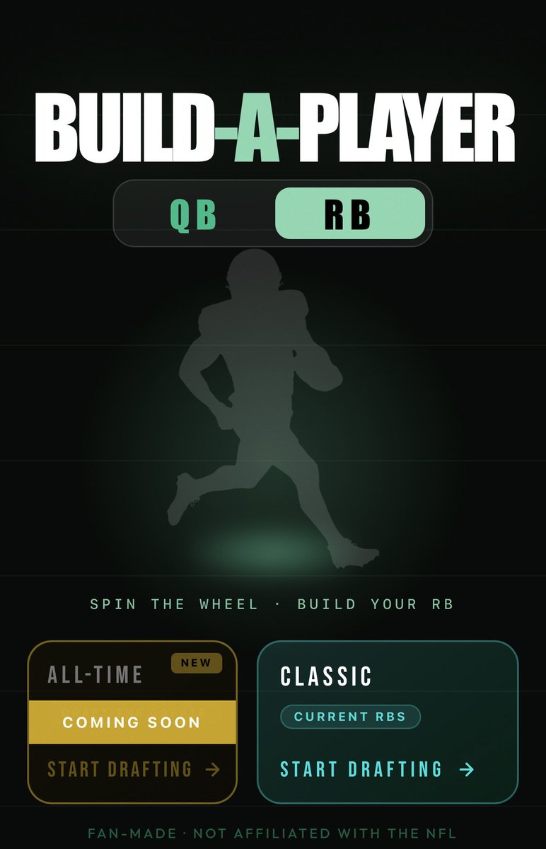 32and0game's tweet photo. Build-A-RB is Live!

on https://t.co/I1HRVyRKRz

Spin the wheel of RBs and select one aspect of their game until you have a complete player, then simulate the season to see how they would do.
Follow @Build_A_Player for more! https://t.co/fE7kWzhl9f