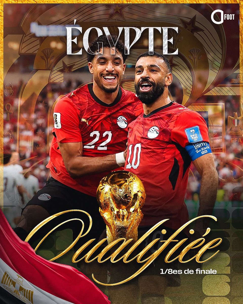 ActuFoot_'s tweet photo. 🚨🚨 OFFICIEL ! L'ÉGYPTE 🇪🇬 EST QUALIFIÉE POUR LES HUITIÈMES DE FINALE DE LA COUPE DU MONDE !!! ✅

Les Égyptiens affronteront l'Argentine 🇦🇷 ou le Cap-Vert 🇨🇻 au prochain tour. ⏳ https://t.co/uUI0f4dHxO