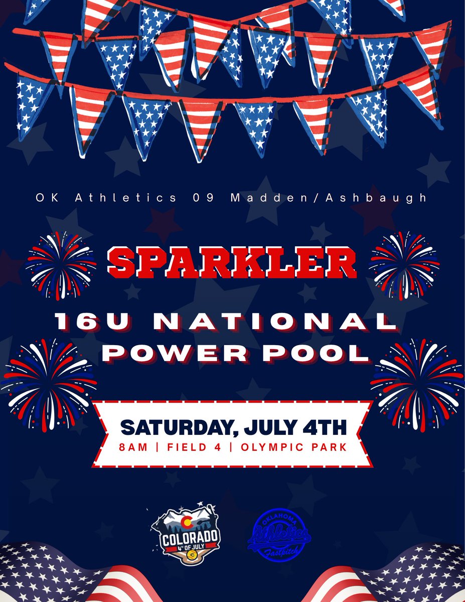 national_ok's tweet photo. Bracket play starts TOMORROW! 🎇❤️🤍💙

⏰8AM
🥎 Field 4
📍 Olympic Park

Let’s go to work ladies!👊
#okathletics09national #bracketplay #sparkler #july4th https://t.co/olJlRejJ2a
