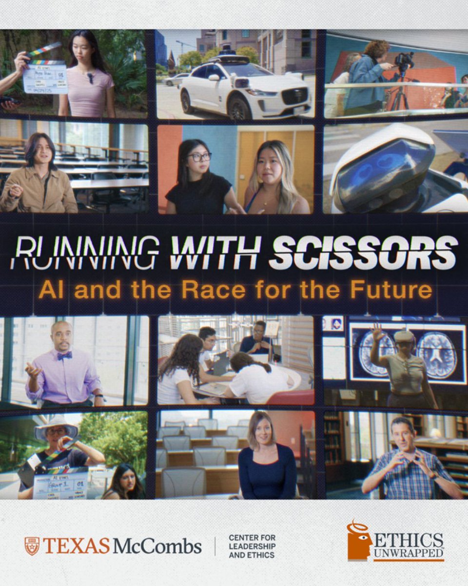 UTGoodSystems's tweet photo. AI is already shaping how people work, learn, communicate and make decisions.

Hear perspectives from Good Systems faculty, students and partners in @EthicsUnwrapped’s Running With Scissors, a documentary on AI, ethics and responsibility.

🎥 Watch: https://t.co/zxOounNeXM https://t.co/5etbVeHkmt
