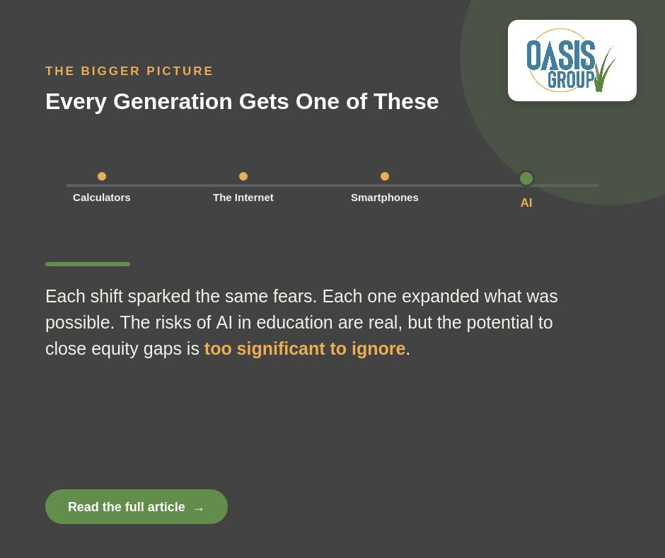 educator2us's tweet photo. The OASIS Group has been exploring the impact of AI on education. There have been technology shocks in the past, but none have the promise of closing equity gaps like AI.

Here's how we see it. https://t.co/De33q6ha6e https://t.co/vfSifEihID