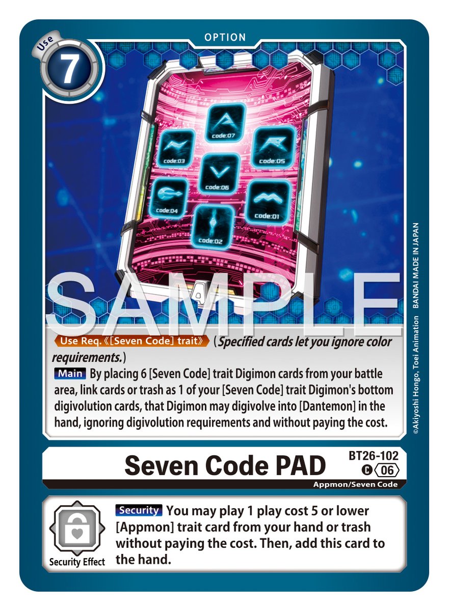 digimon_tcg_EN's tweet photo. [REVEALS]

Hello Digimon Tamers!
Today’s card is [BT26-102 Seven Code PAD]!

BOOSTER TIMELESS BONDS [BT-26]
Pre-Release Aug 28, 2026! In stores Sep 4, 2026!
https://t.co/7JW4VEhWkU

#DigimonCardGame https://t.co/Euz6rdlvBw