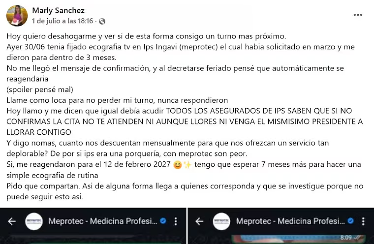 delpynews's tweet photo. ▶️ ¡DE NO CREER! |😱🏥

Una asegurada del IPS denunció que le reagendaron una ecografía para febrero de 2027, luego de que su turno fuera cancelado por el feriado del pasado 30 de junio.

📌 La mujer tenía su estudio previsto en el Hospital Ingavi, pero asegura que nunca recibió la confirmación correspondiente y, tras volver a iniciar el trámite, le dieron una nueva fecha siete meses después.

🗣️ “¿Cuánto nos descuentan mensualmente para ofrecer un servicio tan deplorable?”, cuestionó la paciente, quien pide una solución para acceder al estudio mucho antes.

📄Diario HOY (Web)