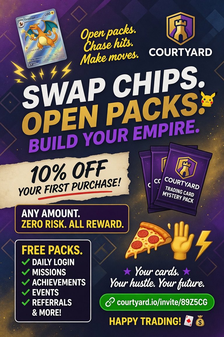 Brodizzy420's tweet photo. Hey there, fellow card enthusiasts! 🎴✨
https://t.co/3aj02YZO8B
Ever wanted to turn your card collection into a side hustle? Meet Courtyard — the digital pack-opening site that made me swap sports betting for Pokémon pulls. 🐉💰
https://t.co/3aj02YZO8B
👇 Use my referral link for 10% OFF your first purchase (any amount):
https://t.co/3aj02YZO8B
Courtyard has tons of free ways to earn packs every day (logins, missions, referrals & more). I make real side money here  &
10% off & Free pizza money ?!        
         ✌️😁🫸🫷🙏💪😂✌️

https://t.co/3aj02YZO8B

Happy trading! 🃏💸

@Courtyard_io