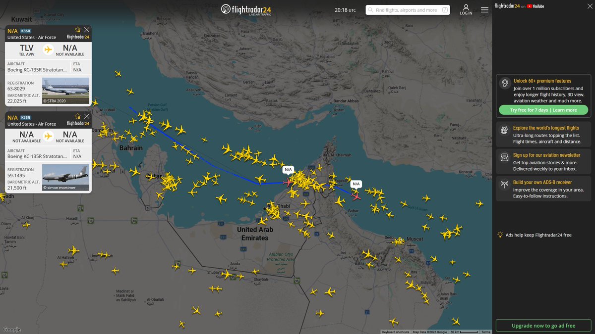 AIYeyENGDdJkjTr's tweet photo. July 4, 2026
#Ben Gurion #Persian Gulf ==> #Ben Gurion
#NoCALLSIGN #AE062D USAF KC-135R Stratotanker
#Ben Gurion ==> #Persian Gulf
#NoCALLSIGN #AE04CD USAF KC-135R Stratotanker
#Ben Gurion ==> #Gulf of Oman
#NoCALLSIGN #AE0500 USAF KC-135R Stratotanker
#NoCALLSIGN #AE05AC USAF KC-135R Stratotanker