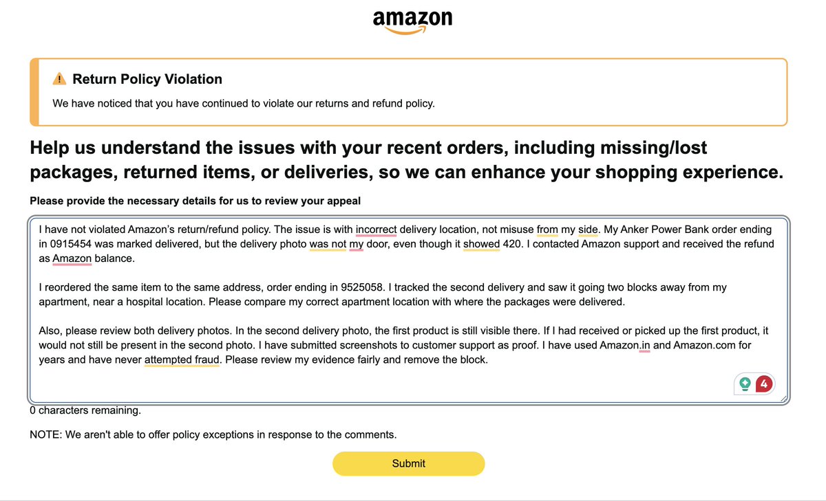 dulariaankit's tweet photo. @AmazonHelp @amazon @amazonIN @JeffBezos @ajassy I am posting all the proof here because Amazon keeps accusing me of a “Return Policy Violation” without properly reviewing the evidence I submitted.

My Anker Power Bank order ending in 0915454 was marked delivered, but the delivery photo was not my door. After contacting Amazon support, I received a refund as Amazon balance and reordered the same product, order ending in 9525058.

During the second delivery, I tracked the driver and saw the package being delivered two blocks away from my apartment, near a hospital location. The most important proof: in the second delivery photo, the first package is still visible there. If I had received or picked up the first product, it would not still be sitting there.

I have filled the appeal form multiple times, contacted support repeatedly, replied to emails, followed the links shared by Amazon, and still received only generic responses or rejection without clear reasoning.

I am attaching the appeal form screenshot, delivery photos, tracking/location screenshots, and support chat screenshots. Please review the evidence properly before calling a long-time https://t.co/Oao6SCkz7C and https://t.co/M73IZlcgXy customer fraudulent.

THE WORST CUSTOMER SERVICE EVER. BANNING WITHOUT ANY REASON. #AMAZON_IS_FRAUD

#Amazon #AmazonHelp #AmazonSupport #AmazonIN #CustomerServiceFail #ConsumerRights #RefundIssue #DeliveryIssue #AccountBlocked #amazonfraud