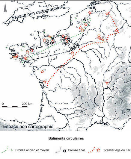 Michssspp82096's tweet photo. Distribution map of circular buildings in the Early/Middle Bronze Age (times signs), Late Bronze Age (black rings) and Early Iron Age (red stars)

Source: Maitay, Marcigny, Riquier "L’habitat rural du premier âge du Fer. Enclos palissadés de l’Atlantique à la Moselle" https://t.co/j7FFHhm273