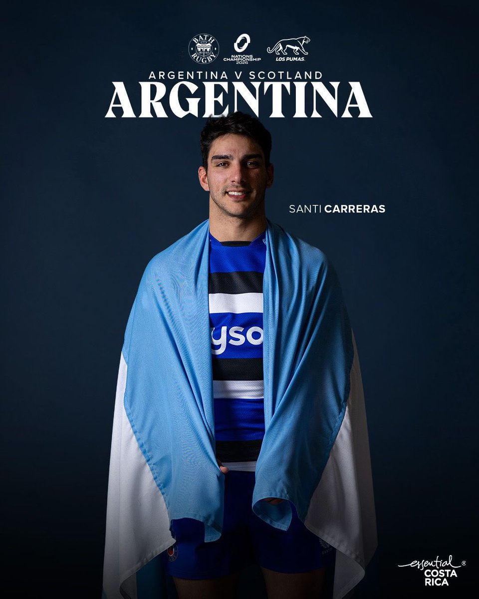 BathRugby's tweet photo. 𝐈𝐧𝐭𝐞𝐫𝐧𝐚𝐭𝐢𝐨𝐧𝐚𝐥 𝐖𝐚𝐭𝐜𝐡: Argentina 🇦🇷 

Santi Carreras will man the back field in the 15 jersey tomorrow as the Pumas host Scotland in Round 1 of the Nations Championship. 

Go well, Santi! 👏 

🤝@visit_costarica https://t.co/tHaoGvYmGY