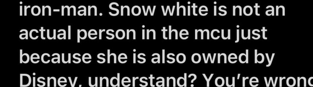 KarmaKoffeeVT's tweet photo. @ZzBootyPopperz @Silv3R6422 @samemau_lorcana “Snow white is not an actual person in the MCU just because she is also owned by Disney” you’re contradicting a statement you said not even 5 minutes apart https://t.co/Q7LyszJVyl