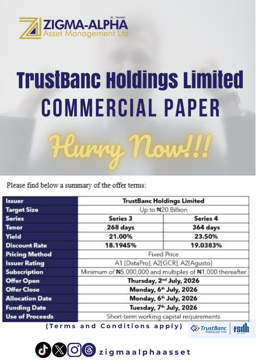 zigmaalphaasset's tweet photo. TrustBanc Holdings Limited Commercial Paper

Available!!! 

Hurry and Contact us for more details https://t.co/2vpYYernO0