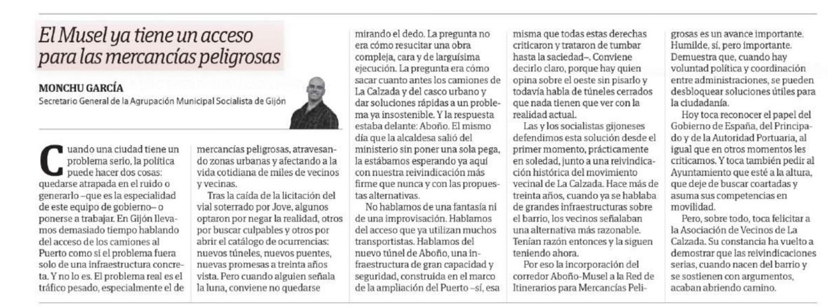 psoegijon's tweet photo. 🖊️ El Musel ya tiene un acceso para las mercancías peligrosas.

“Hoy toca reconocer el papel del Gobierno de #España, del Principado de #Asturias y de la Autoridad Portuaria, al igual que en otros momentos les criticamos. 

Y toca también pedir al Ayuntamiento que esté a la altura, que deje de buscar coartadas y asuma sus competencias en #movilidad.

Pero, sobre todo, toca felicitar a la Asociación de Vecinos de La Calzada. Su constancia ha vuelto a demostrar que las reivindicaciones serias, cuando nacen del barrio y se sostienen con argumentos, acaban abriendo camino”.

📰 Artículo del secretario general de las y los #SocialistasDeGijón, @monchugijon, en @elcomerciodigit 

🔗 https://t.co/ztCiWdBR7q