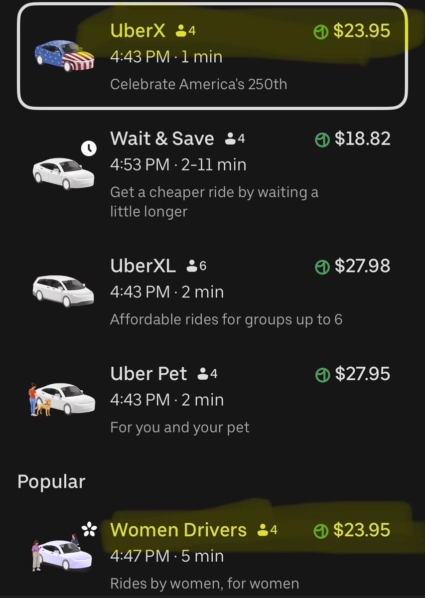 NotDakshBhatia's tweet photo. @EynatGuez @Uber Is this rage bait? Where’s the regular Uber X pricing that’s always the same as ‘women for women’ pricing?

Smh. https://t.co/tWhiczxfjT