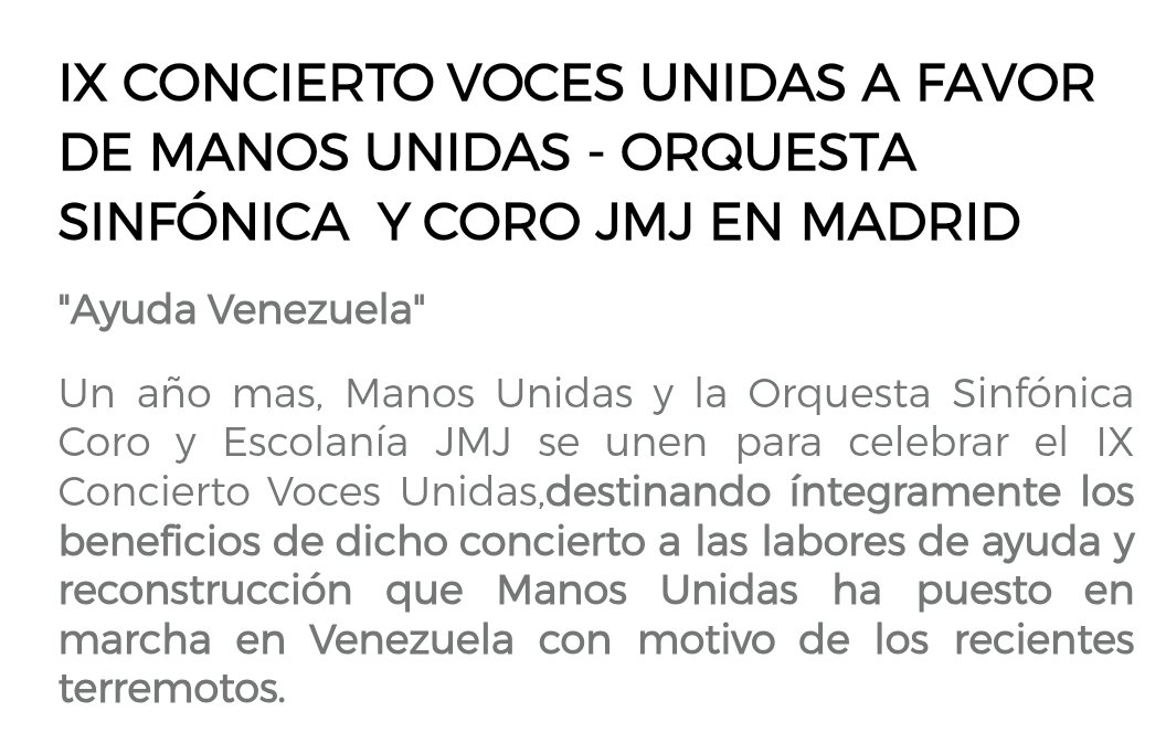 ManosUnidasCS's tweet photo. 📣 4 jul a 19:30h 🎶Concierto Solidario "Ayuda Venezuela🇨🇴" en Auditorio Nacional de Madrid, organizado por @ManosUnidasONGD .
Aun disponibles entradas desde 17€ y fila Cero (Bizum 01503).
Os esperamos👐😊 https://t.co/2LCYDqSO1E