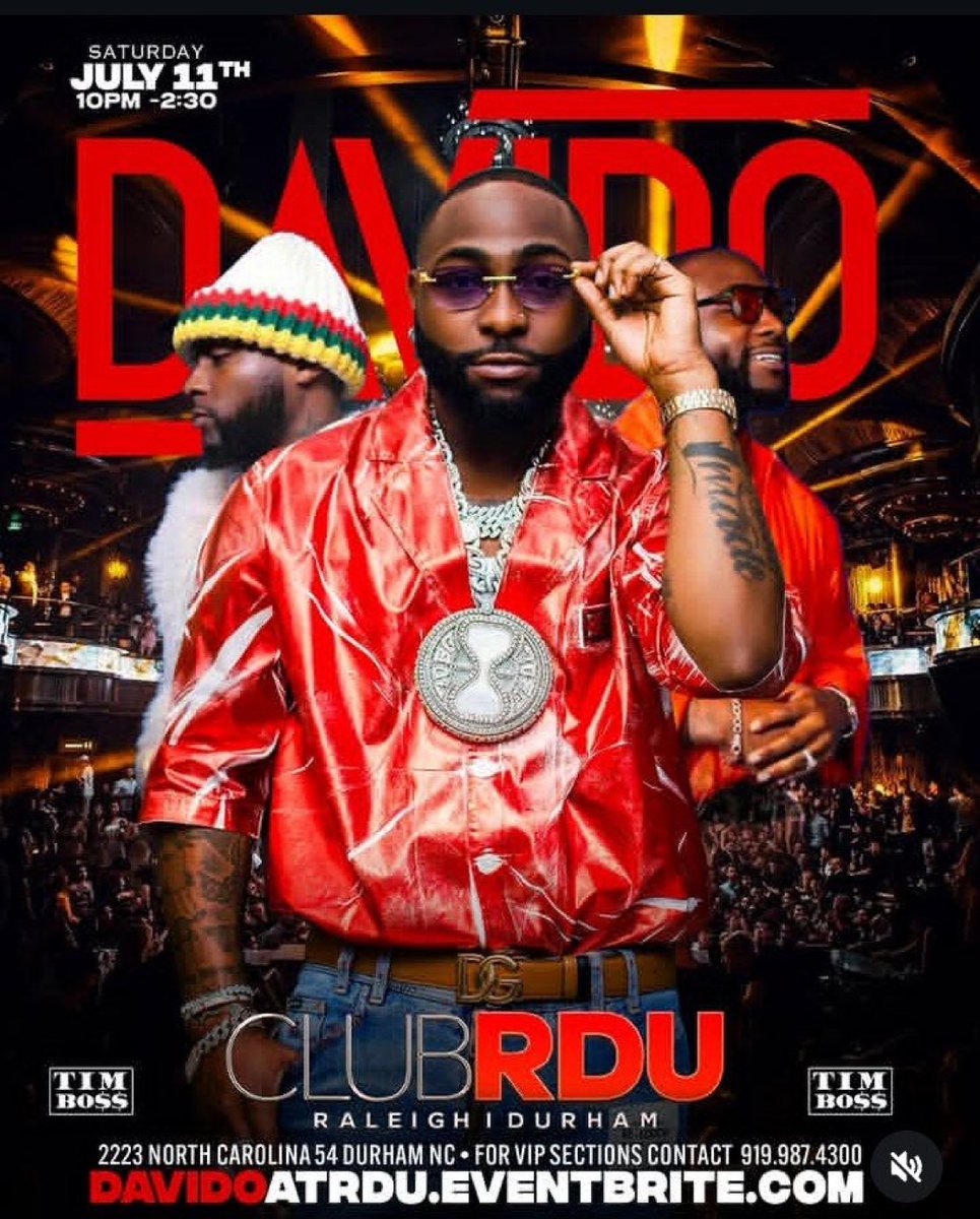 free2he's tweet photo. 🚨@davido will be live at the Club RDU 🇺🇲 for a special performance on July 11. https://t.co/ByP7KHdVDq