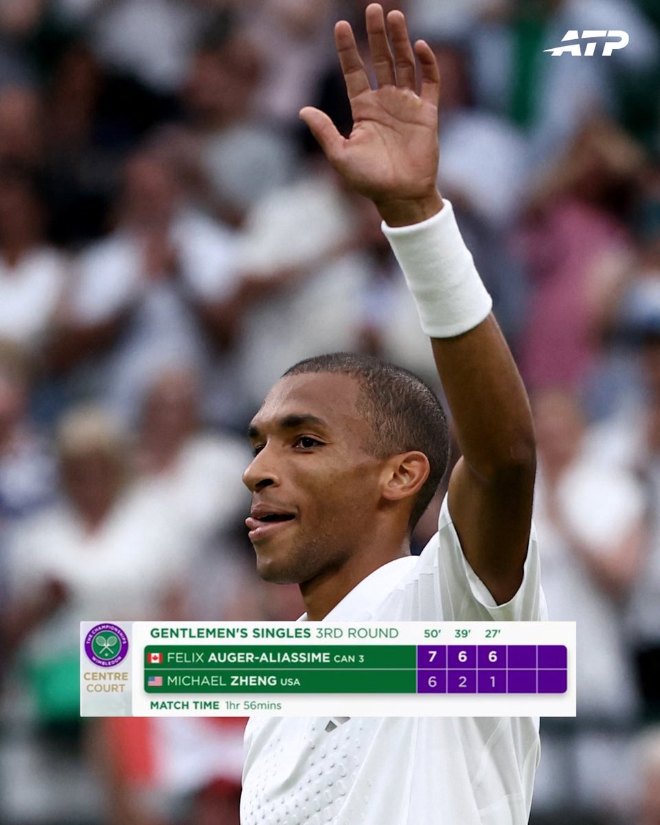 atptour's tweet photo. Felix in straights 🤝

@felixtennis moves into the last 16 with a dominant display over Zheng 💪

#Wimbledon https://t.co/AO52tJhKjn