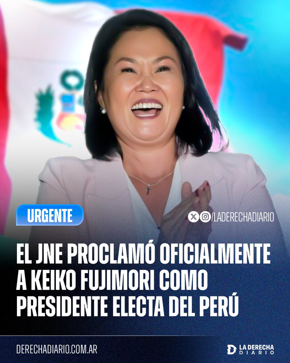 laderechadiario's tweet photo. 🚨🇵🇪 | LLORAN LOS ZURDOS: El Jurado Nacional de Elecciones proclamó oficialmente a Keiko Fujimori como presidente electa de Perú para el período 2026-2031, convirtiéndose en la primera mujer elegida por voto popular para gobernar el país.

La líder derechista recibió la credencial oficial que la acredita como presidente electa y asumirá el cargo el próximo 28 de julio.
