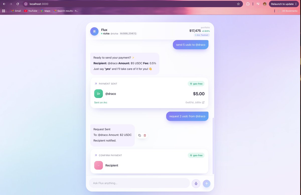 0xdracoz's tweet photo. Not a chatbot but a multi-chain payment protocol with an AI front-end. Smart wallets, on-chain routing, gas-free execution . Say "send $5 to @0xdracoz  and it resolves, signs, settles on-chain. Chat is just the interface. https://t.co/X5yX9bLv9O