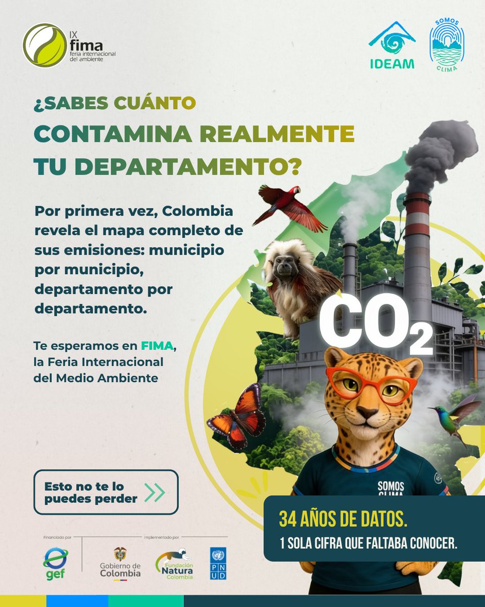 IDEAMColombia's tweet photo. Por primera vez, Colombia presenta el mapa más completo de emisiones de gases de efecto invernadero, con información histórica de 1990 a 2024 y un nivel de detalle que permitirá conocer las emisiones municipio por municipio y departamento por departamento.

Te invitamos a conocer estos resultados, el lanzamiento de SINGEI, la nueva plataforma para consultar esta información, y cómo estos datos fortalecen la toma de decisiones frente al cambio climático.

📅 Viernes 10 de julio
🕓 4:00 p. m.
📍 FIMA – Corferias, Bogotá | Sala Chiribiquete
🎟️ Entrada libre con cupo limitado

🔗 Inscríbete aquí: https://t.co/3o7rwdhjbp

#SomosClima cuando conocemos el territorio, entendemos nuestras emisiones y actuamos con información basada en evidencia. 🌱📊

#FIMA2026 #CambioClimático #SINGEI #Ideam #DelDatoALaAcción