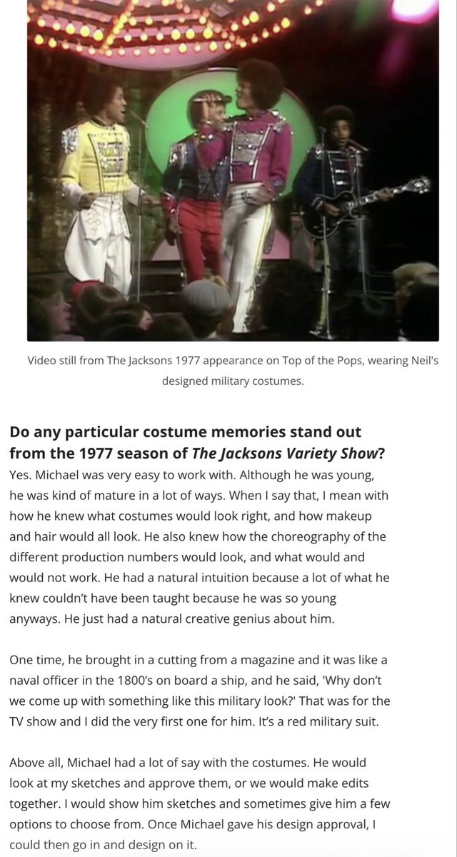 LiberianGirl779's tweet photo. Yes and Michael himself came up with the idea: 
“One time, he brought in a cutting from a magazine and it was like a naval officer in the 1800's on board a ship, and he said, 'Why don't we come up with something like this military look?' That was for the TV show and I did the very first one for him. It's a red military suit.”