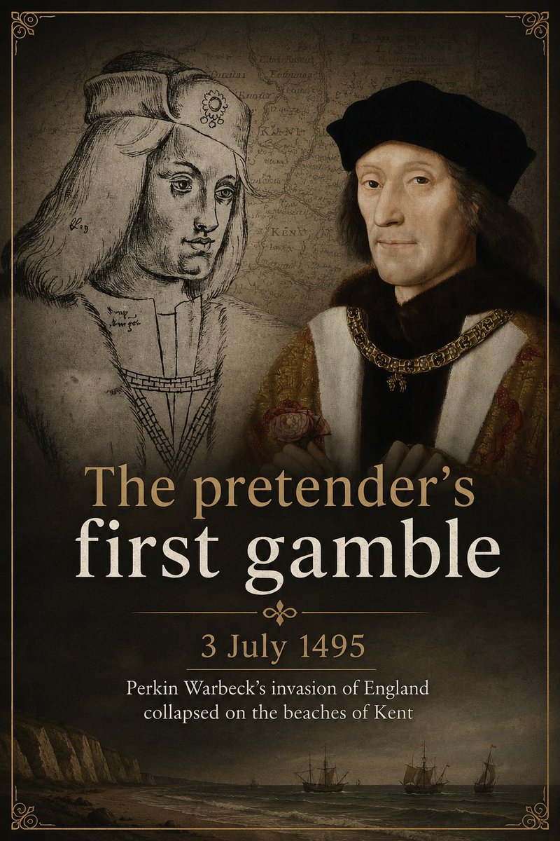 _alltudors's tweet photo. On 3 July 1495, Perkin Warbeck made his first direct attempt to seize the English throne when he tried to land at Deal, Kent. It was a bold gamble that would end in disaster before Warbeck himself even set foot on English soil.

Read more on IG! @ allthingstudors https://t.co/MxyeHT52IS