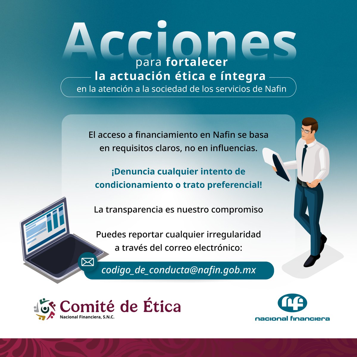 NafinOficial's tweet photo. 🔍Financiamiento con reglas claras

En Nafin, el acceso al financiamiento se basa en requisitos transparentes y criterios objetivos, nunca en influencias o tratos preferenciales. Reporta cualquier irregularidad en codigo_de_conducta@nafin.gob.mx.

#ServicioConÉtica https://t.co/RGwiBdJ7mV