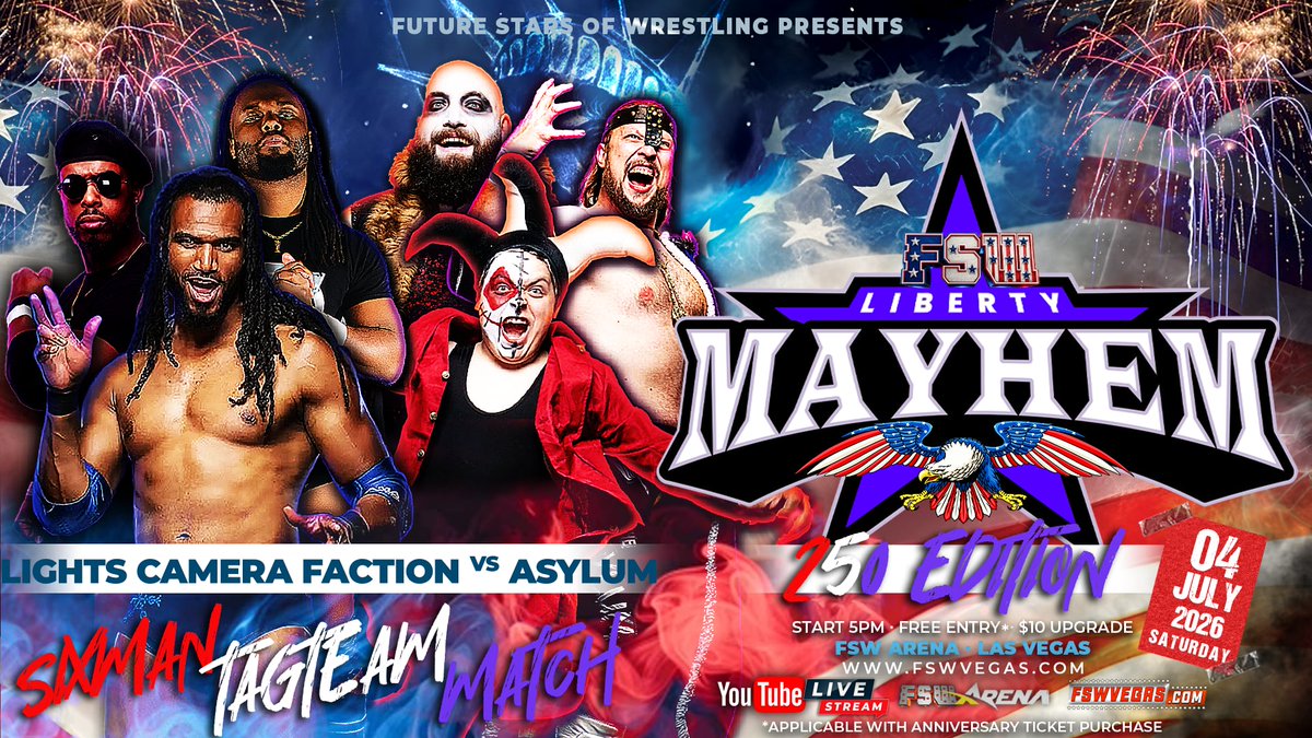 FSWVegas's tweet photo. 🇺🇸 TOMORROW! 🇺🇸

🔥 Faction vs. Asylum

🔴 FSW streams LIVE and FREE on YouTube TOMMOROW July 4 at 4:45PM PST!

https://t.co/32IB8U24YK

🕔 Doors: 4:30PM
📍 FSW Arena, #LasVegas

🎟️ Free entry with purchase of a 17th Anniversary ticket

⭐ $10 upgrade available https://t.co/hE2DeIP5yD