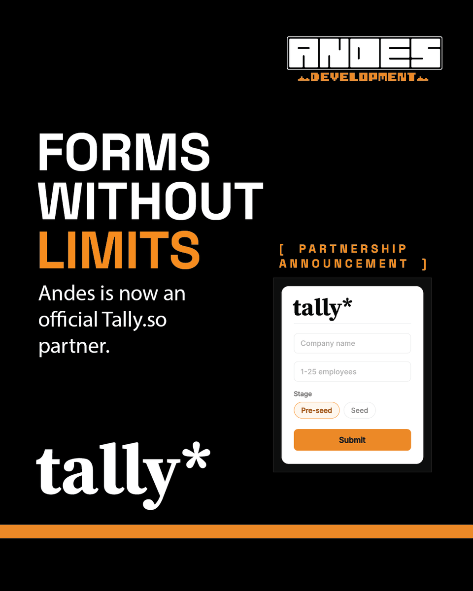 AndesDev's tweet photo. We've made @tallyforms part of our technology stack.

Forms have been around forever, but they shouldn't feel complicated. That’s why Andes Development has officially partnered with Tally to bring early-stage startups a data-capture stack that scales without limits! 📈 https://t.co/r023yYXRxy