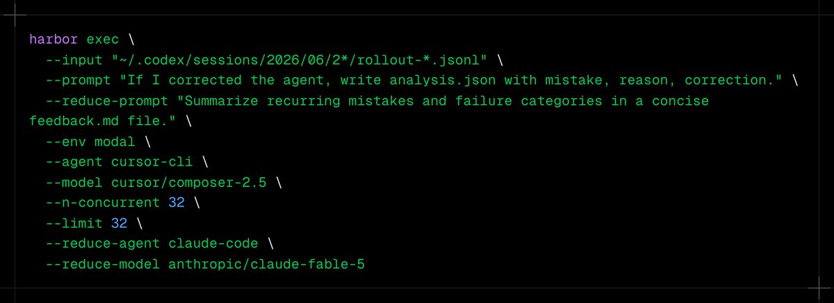 A harbor exec trace-mining command over Codex sessions, using Modal, Cursor Composer workers, and a Claude Code reducer.