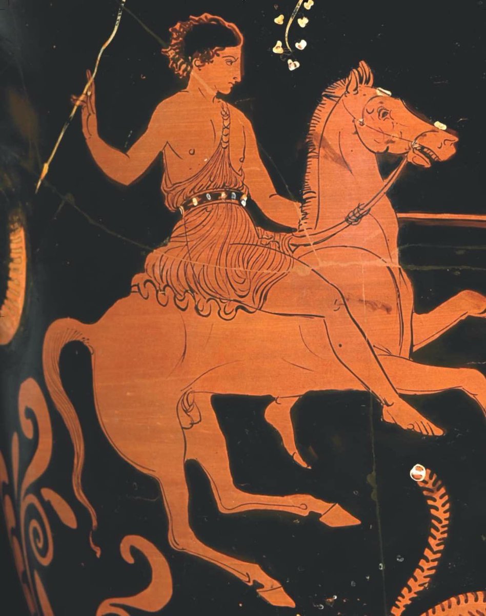 jerusalemdates's tweet photo. Red-figure of Troilus on horseback..! In Homer, he is remembered only as a valiant youth killed by Achilles. It was later medieval writers, namely Chaucer and Shakespeare, who transformed him into the tragic hero of Troilus and Cressida. https://t.co/DCqPzrT5lK