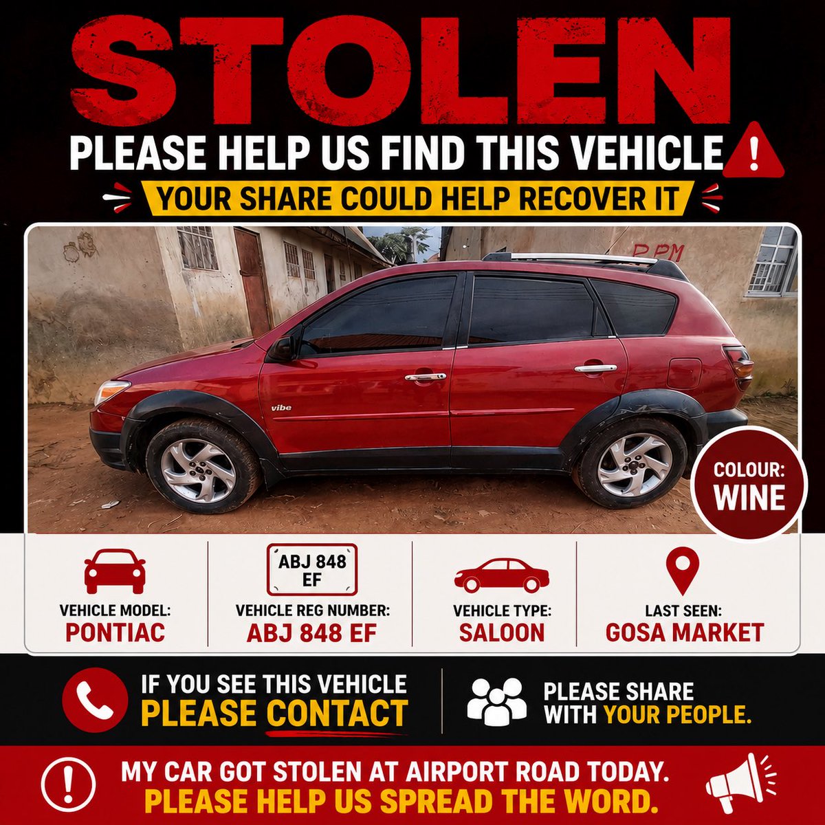 whitenigerian's tweet photo. Please help my staff @emeokine find her car that was stolen at Gosa Market Airport road, Abuja around 7pm today. Cc @FCT_PoliceNG https://t.co/IIUBT3Ypmo