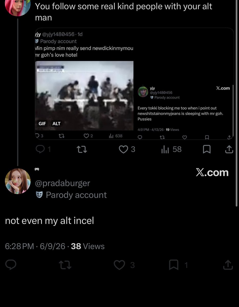 theoglukemamba's tweet photo. @toomuchanni Part 2: they have admitted to me that they are that account as well, but no one calls them out. Here’s proof of their alt having r@pe threats as well. This person has 2.6k followers, which is insane, and constantly spreads misinformation and de3pfakes against newjeans https://t.co/VlPPFFaMBd