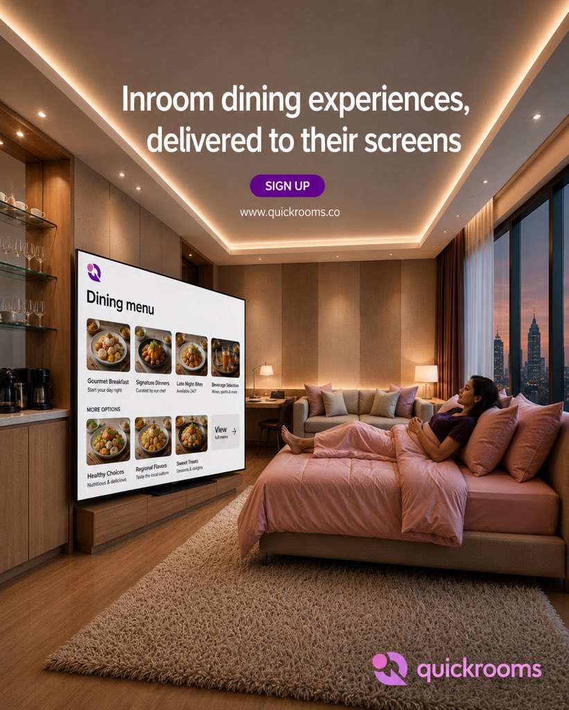quickrooms_OS's tweet photo. More than entertainment. More than a tv. With Quickrooms TV, guests 
can access hotel services, local experiences, dining, and more. All from their room screen. 

Want to see how it works? 
Sign up now at 
https://t.co/fAqrKIyqSW https://t.co/krdDUT7FnC