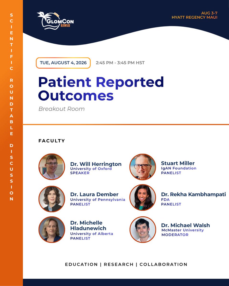 GlomCon's tweet photo. Clinical success is more than just lab values. @willkidney, along with Stuart Miller, @LauraDember, Rekha Kambhampati, @mhladunewich , and Michael Walsh, leads a vital breakout session on integrating and validating patient-reported outcomes (PROs) in rare kidney disease trials.

#PatientVoice #ClinicalTrials #GlomConHawaii2026 #PatientCare #QualityOfLife