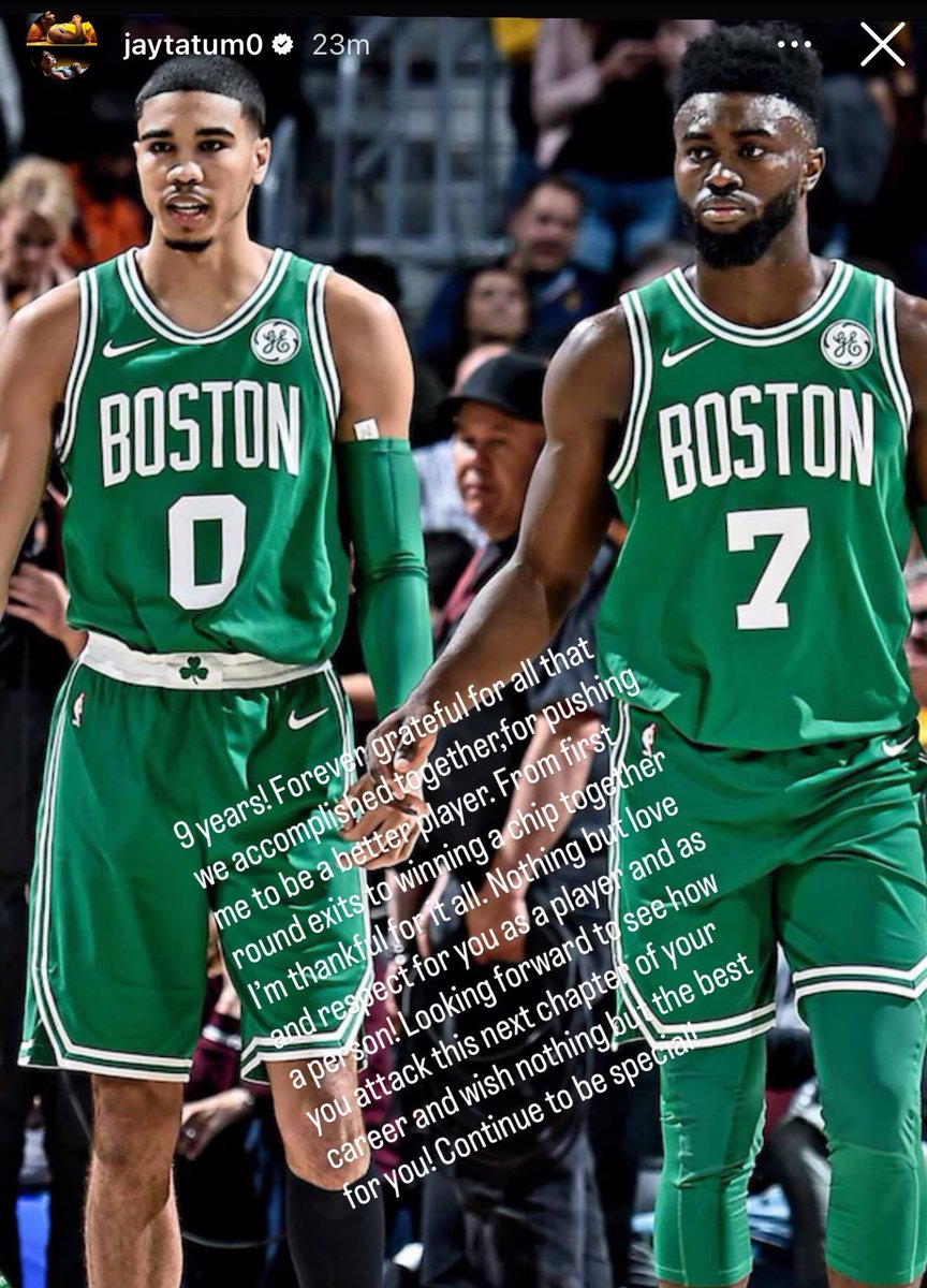 TrashTalk_fr's tweet photo. Les adieux de Jayson Tatum à Jaylen Brown 🥹

"9 ans ! Je te serai éternellement reconnaissant pour tout ce qu'on a accompli ensemble, pour m'avoir poussé à être un meilleur joueur. Des éliminations au premier tour jusqu'à gagner un titre ensemble, je suis reconnaissant pour tout ça.
Je n'ai que de l'amour et du respect pour le joueur et l'homme que tu es ! J'ai hâte de voir comment tu entameras ce nouveau chapitre de ta carrière et je ne te souhaite que le meilleur !
Continue d'être spécial !"