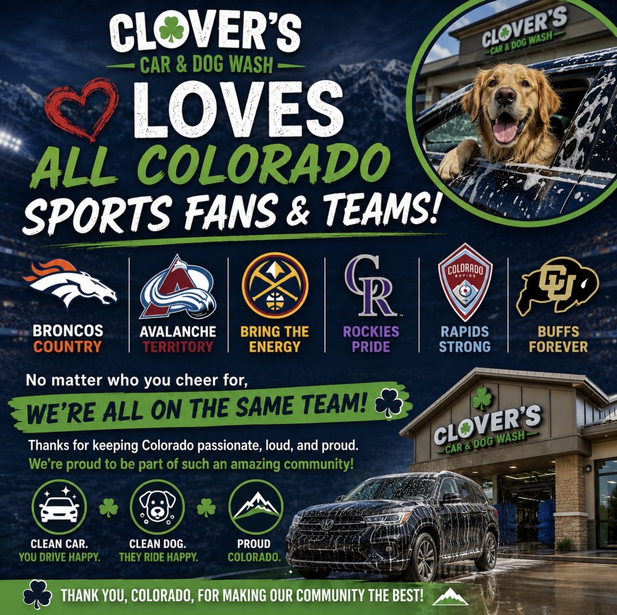 CarClover's tweet photo. 🏔️ Clover’s Car & Dog Wash LOVES ALL Colorado Sports Fans! 🏔️

No matter who you ride with — Broncos orange, Avalanche burgundy, Nuggets gold, Rockies purple, or Rapids green — we’re proud to serve every fan in Thornton and beyond!

We know game days are sacred in Colorado. That’s why we’re here to get your ride sparkling clean before you tailgate, and your furry co-pilot fresh and happy after the big win (or rebuild year 😂).

All teams. All fans. One epic Clover’s Car & Dog Wash ☘️

Stop by at 231 E 128th Ave, Thornton, CO and let’s keep Colorado looking sharp!

#CloverCarDogWash #ColoradoSports #GoBroncos #GoAvs #GoNuggets #GoRockies #ColoradoRapids #ThorntonCO #MileHighPride