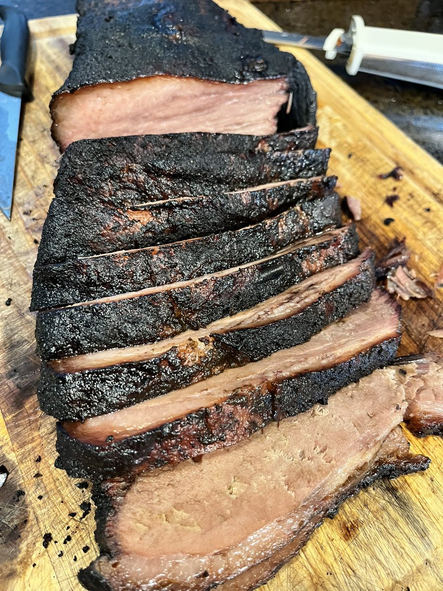 Muleness's tweet photo. @RustyMansell_ Looks great man! Wood flavor is a personal taste. I love the fruit woods. Love the Hickory and Oak too or even a mix. Brisket is the hardest to get right and I’ve ruined more than I’ve gotten right. This one turned out awesome https://t.co/lSSJTz4uSM