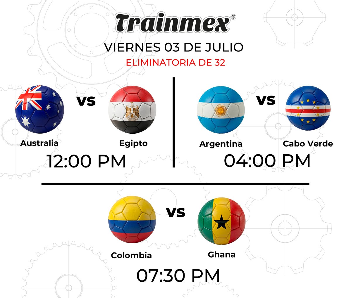 TrainmexMX's tweet photo. ¡La potencia y precisión industrial se mudan a la cancha! ⚙️⚽️ Arrancan las eliminatorias de 32 en el mundial.

🇦🇺🆚🇪🇬 | 12:00 PM 🇦🇷🆚🇨🇻 | 04:00 PM 🇨🇴🆚🇬🇭 | 07:30 PM
¿Cuáles son tus pronósticos para hoy? ¡Te leemos! 👇
#Trainmex #Mundial2026 #Futbol https://t.co/uMqZNclfz0