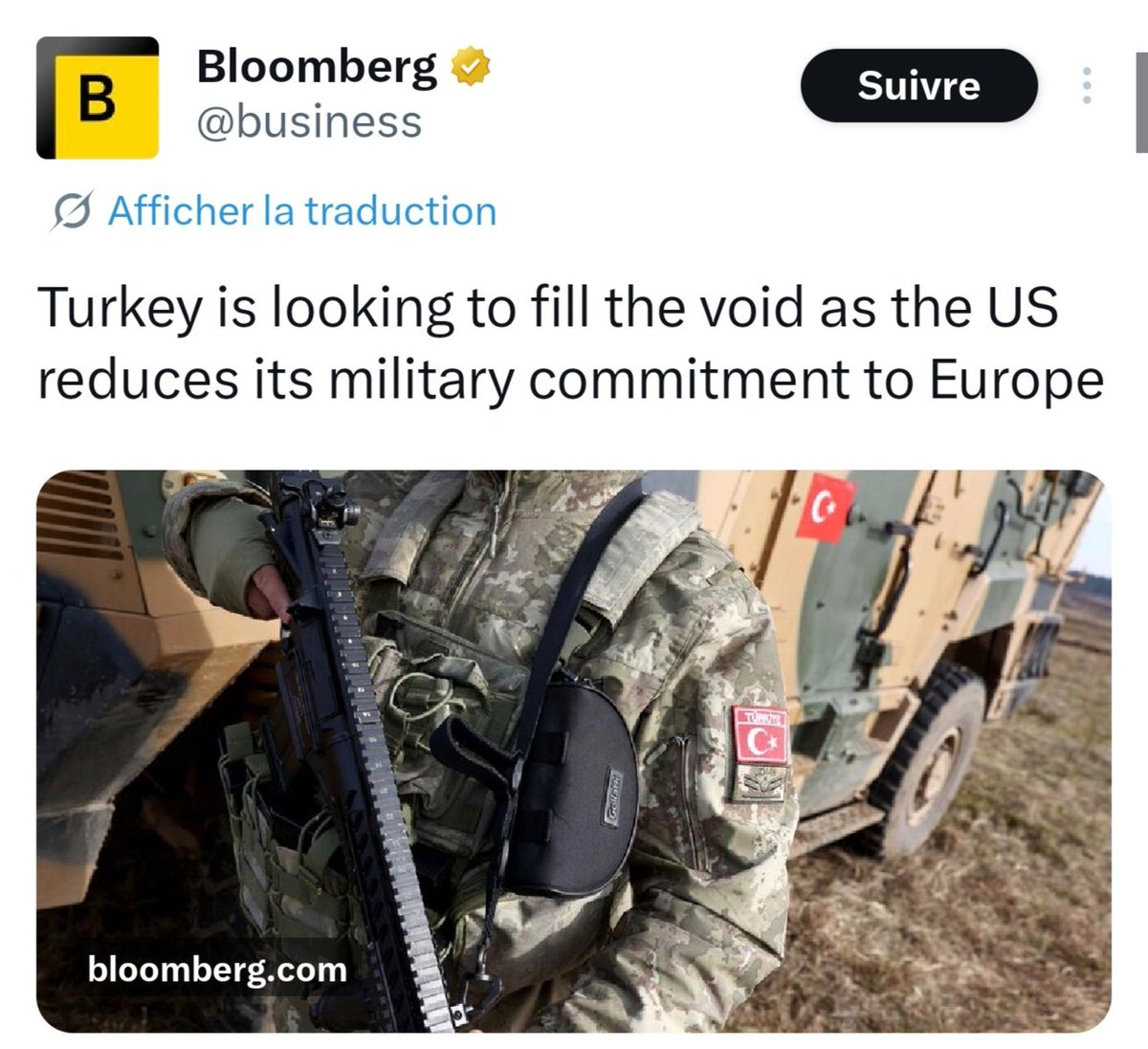 SireneOznur's tweet photo. Bloomberg:

➖"ABD'nin Avrupa'ya yönelik askeri taahhütlerini azaltmasıyla birlikte Türkiye, oluşan boşluğu doldurmaya hazırlanıyor." https://t.co/UQzfiXfCUZ
